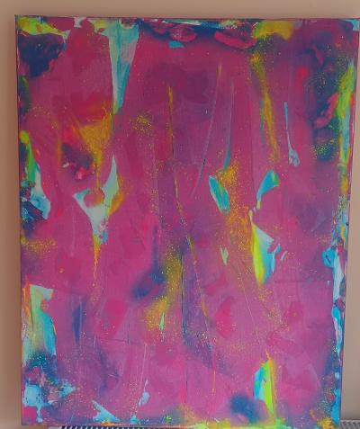 Rainbow, Acrylic on canvas, Size 61 x76cm Price £410. Description, A vibrant rainbow acrylic painting showcasing bold,fluid colours blending seamlessly across the canvas.The rich layers of paint creat depth and texture, evoking a sense of hope, joy, and harmony through the spectrum of light.