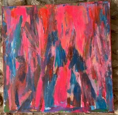 Snowdrops,Acrylic on canvas, Size 60x60cm. Price £400.Description An abstract painting featuring delicate snowdrop shapes emerging through the washes of pink and blue.The colours blend harmoniously, evoking serene atmosphere.