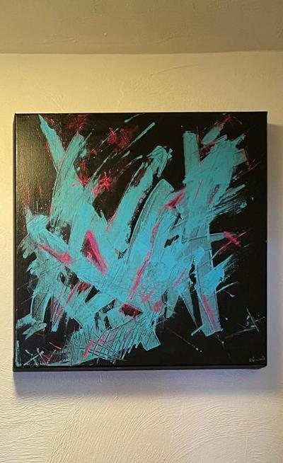 Anni 80.Acrylic on canvas,40x40cm.Price £190. Description. An abstract painting with a deep black base, accented by vibrant streaks of light blue, playful palette .