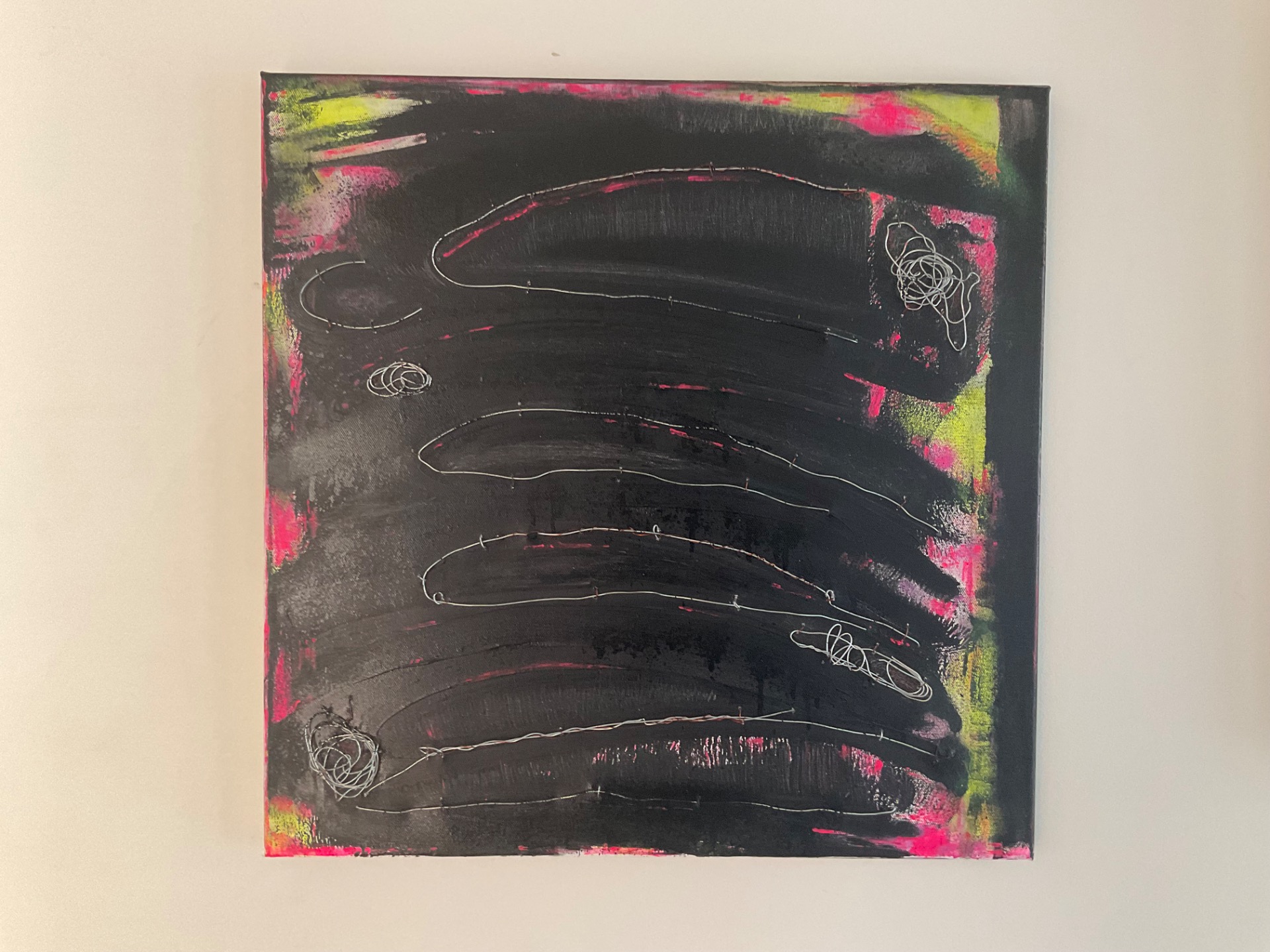 Untitled Abstract mixed media painting on canvas.Acrylic paint and wire. Size 51x51cm. £350.I like to experiment with different materials. What does this piece make you think of ?