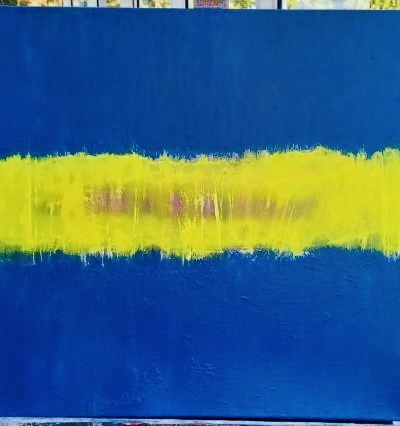 Frequency.Abstract painting acrylic on canvas. Size 50x50. Price £300. Description .An abstract exploration of energy between blue and yellow.Waves of colour intertwine creating a vibrant balance between calm and intensity.